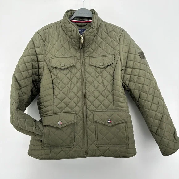 Tommy Hilfiger Olive Green Quilted Jacket Women's Size Large Padded Coat - Picture 2 of 10